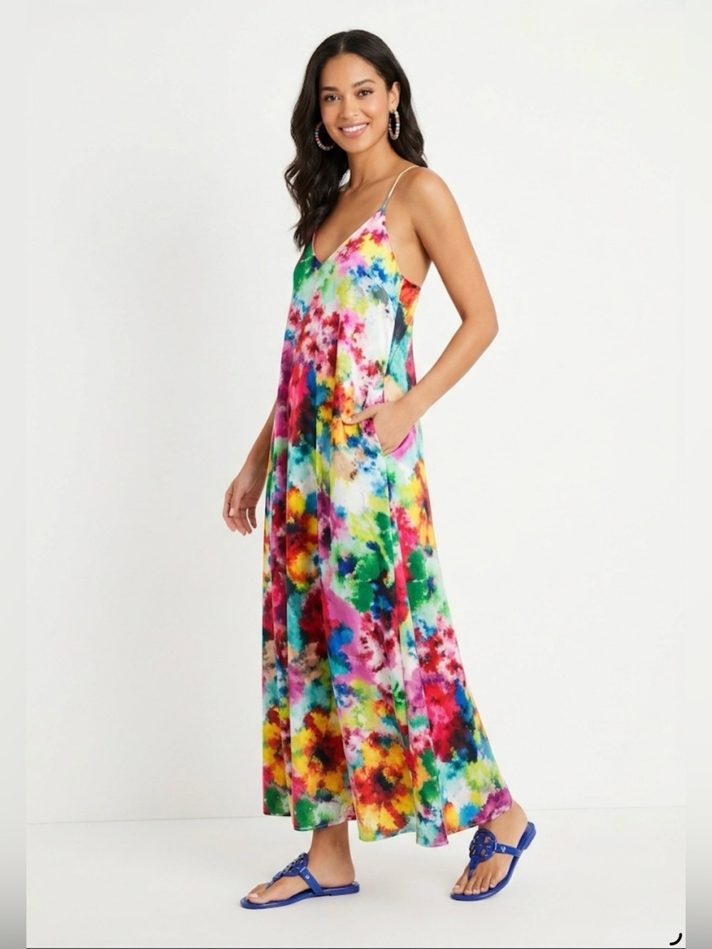 Nicole Miller Watercolor Floral Satin Slip Maxi Pocket Sun Dress Woman’s Size xS